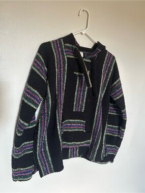Black Striped Crewneck Sweater with Multicolor Accent Stripes